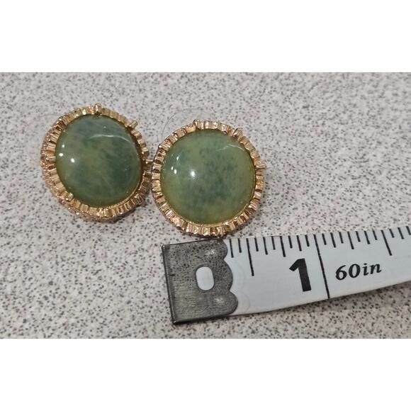 Green Stone Surrounded by Gold Metal Stud Earrings - Picture 4 of 4